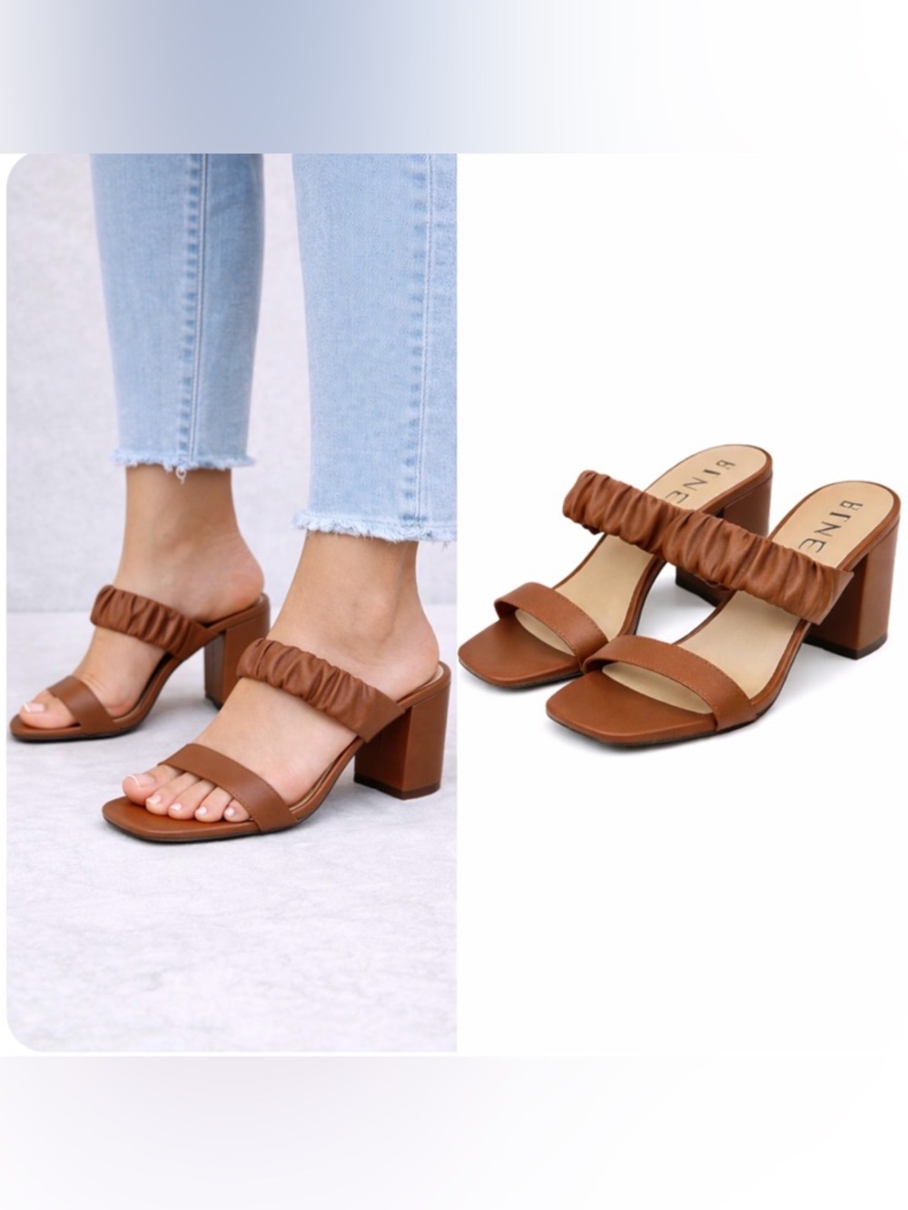 UNISA Brown Leather Mule Sandals Women 6.5 Block Heel Ruched Strap Square Toe